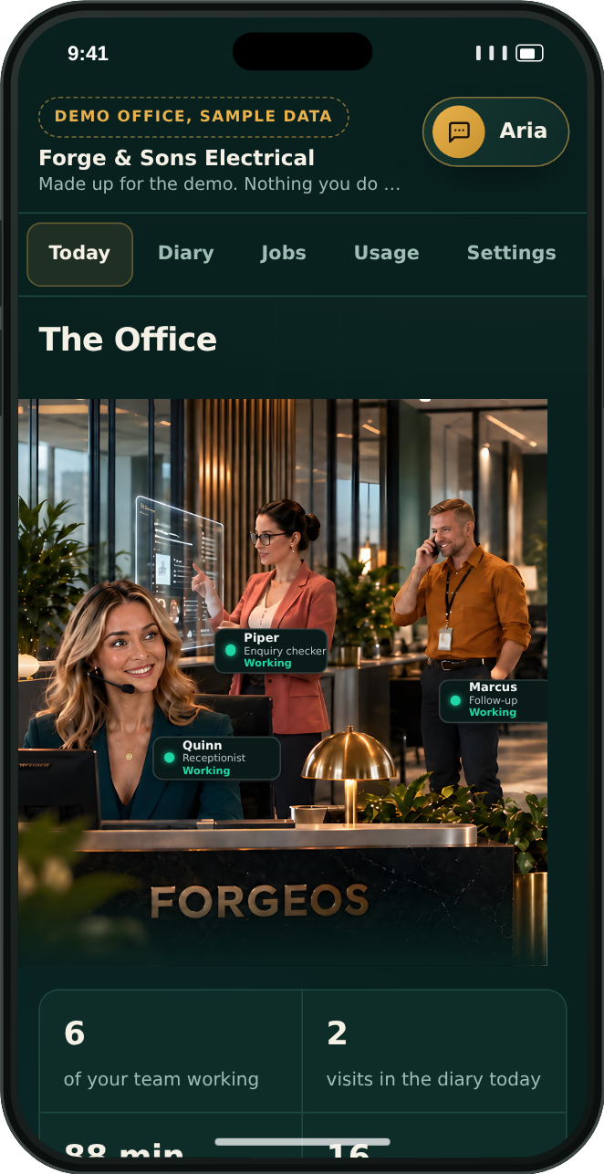 The demo Office on a phone: the tabs, the team at their desks and the day's numbers